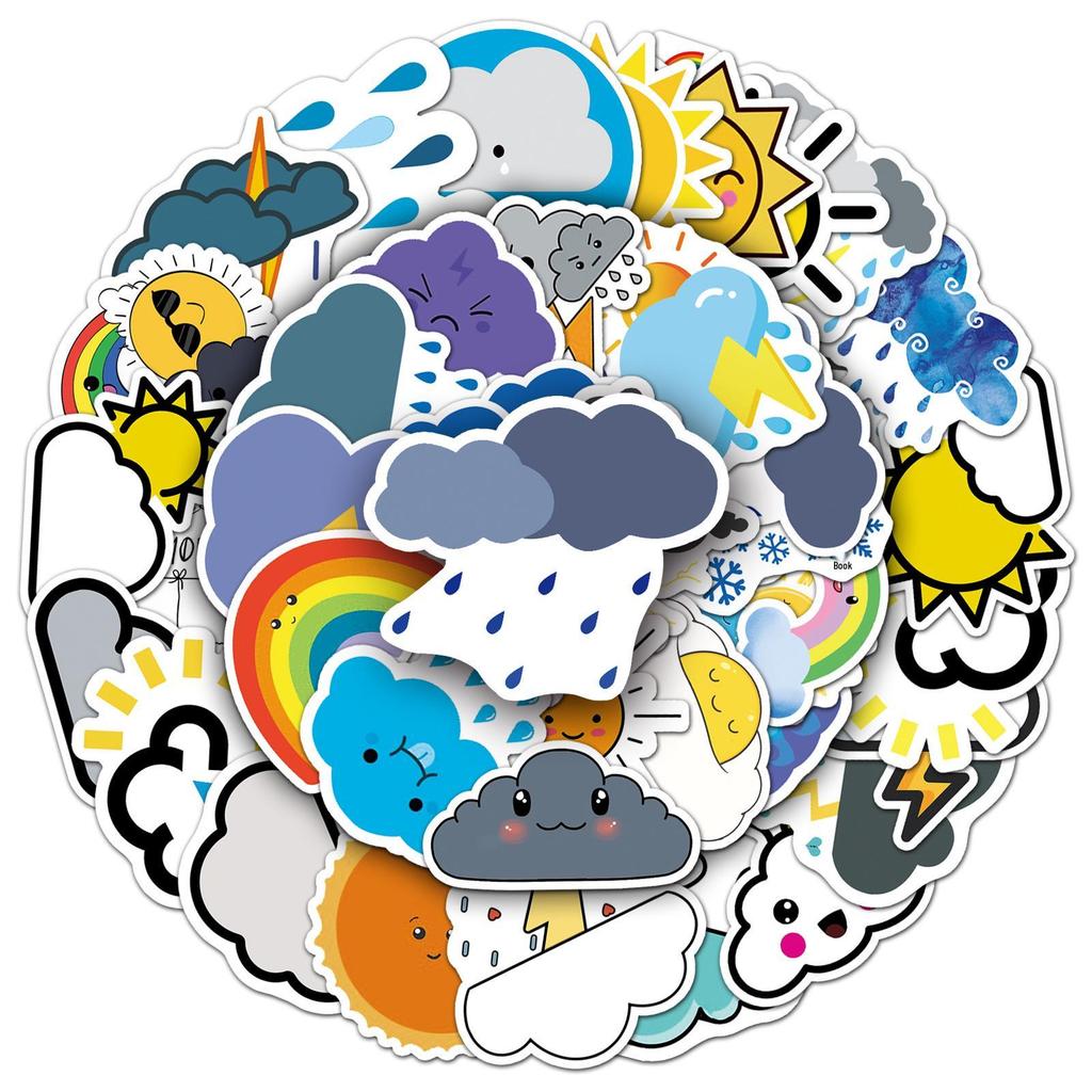 50 Weather Doodle Cartoon Stickers: Waterproof, DIY Rewards for Kids' Water Bottles & Suitcases