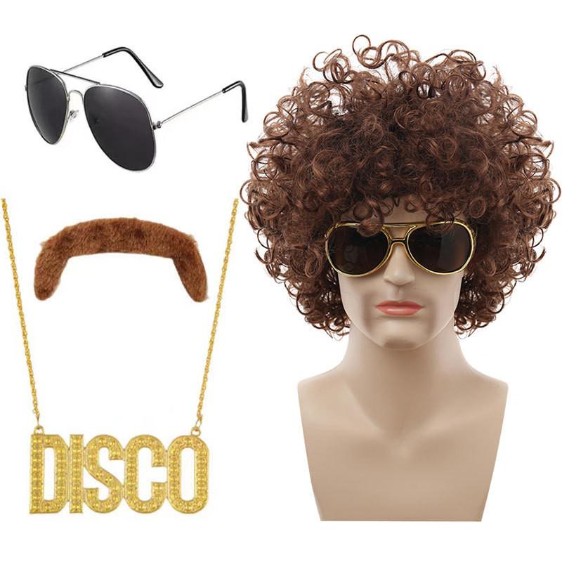 Stilvolles Punk-Perücken-Set mit bunter Disco-Brille und einzigartiger Halskette für Themenpartys