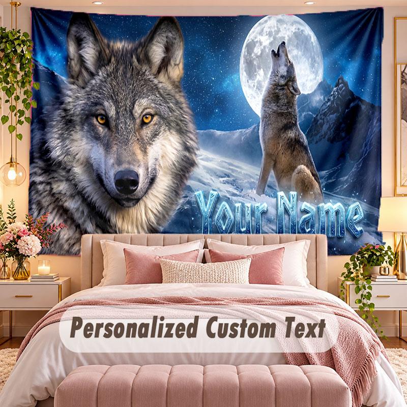 Wolf (144) Theme Wall Tapestry Customized With Name Text Personalized Hanging Tapestry For Bedroom Living Room Decor