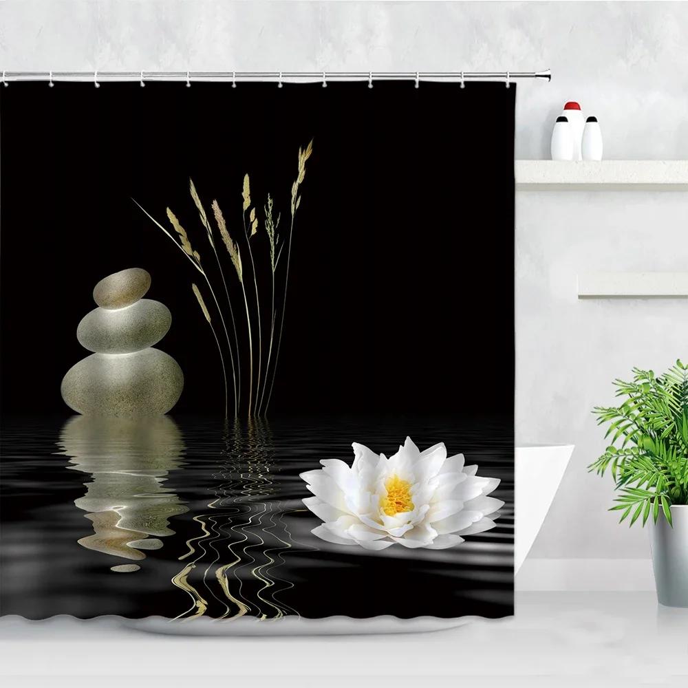 Zen Green Bamboo Shower Curtains Stone Buddha Lotus Candle Asian Japanese Spa Garden Scenery Bath Curtain Fabric Bathroom Decor