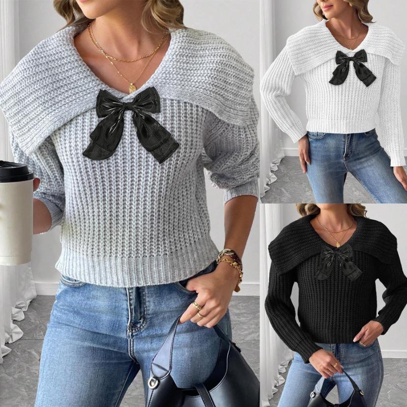 Tops Women's Autumn and Winter Lapel Bow Patchwork Pullover Sweater