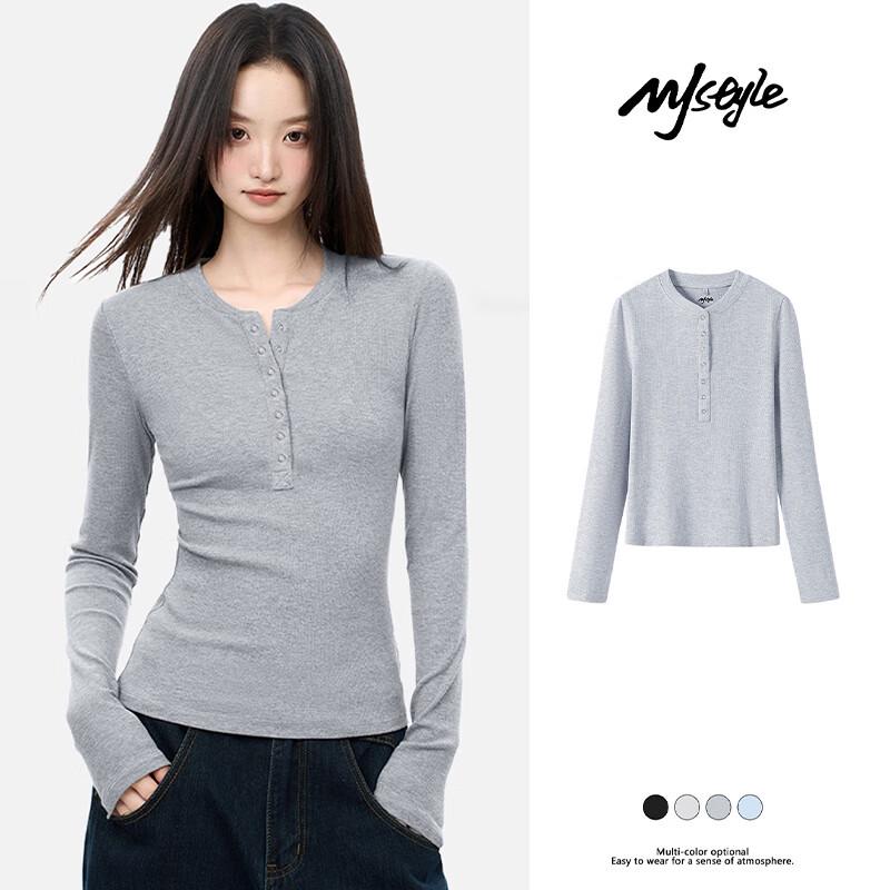 MJ STYLE Women s 2026 New Ribbed Semi-Open Collar Long Sleeve T-Shirt XL