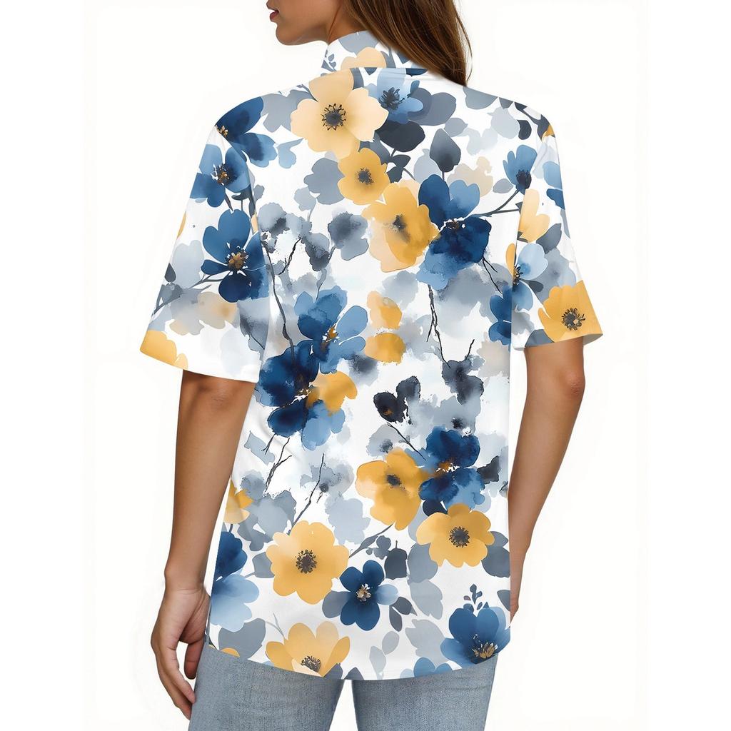 Damenmode Lässig Knopf Tasche Hemd Kurze Ärmel Druck Revers Oberteil