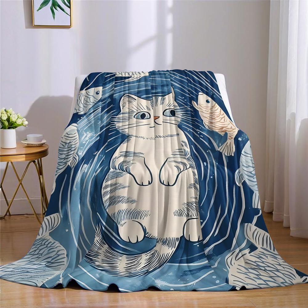 Cat & Fish School Flannel Blanket Warm Soft Halloween Christmas Couch Warm Cozy Decorative Decor Gift for All Season