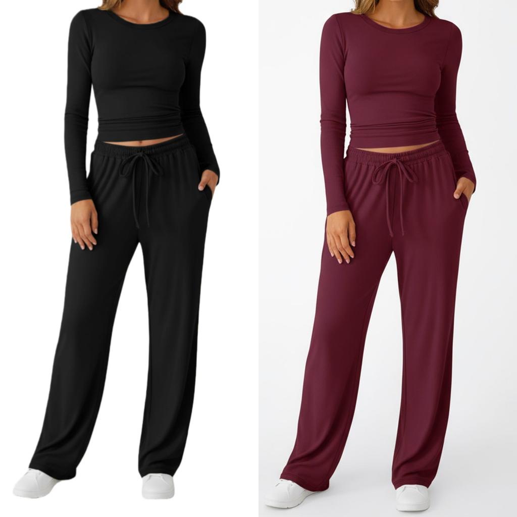 Fashion Casual Set Sport Yoga Autumn Winter Solid Color Crew Neck Long Sleeve For Women
