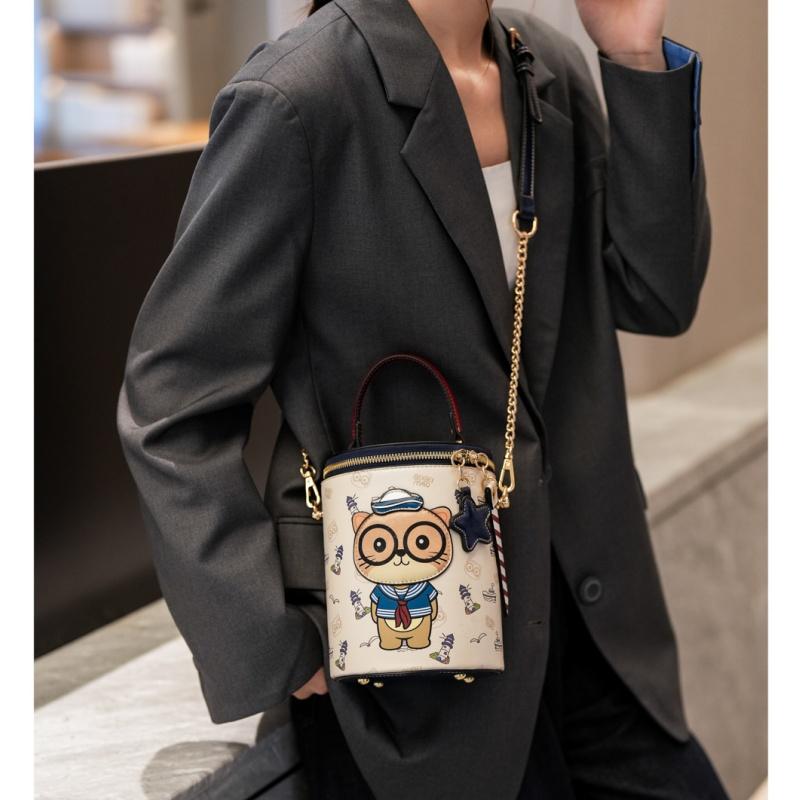 BEIBAOBAO New Cute Cartoon Cat Round Handbags High Texture PU Waterproof Women's One Shoulder Bag Popular Niche Small Basket Bags for Goddess Day Gift