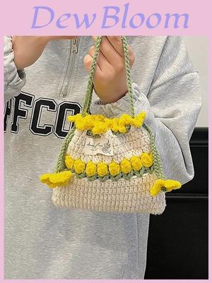 Handgefertigte Wollstrickblume Kordelzugtasche Mini Umhängetasche für den täglichen Gebrauch
