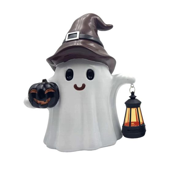 Ghost Statue Solar/Battery-Powered Weather Resistant Resin Whimsical Ghost Pumpkin Design Ornament Halloween Decor