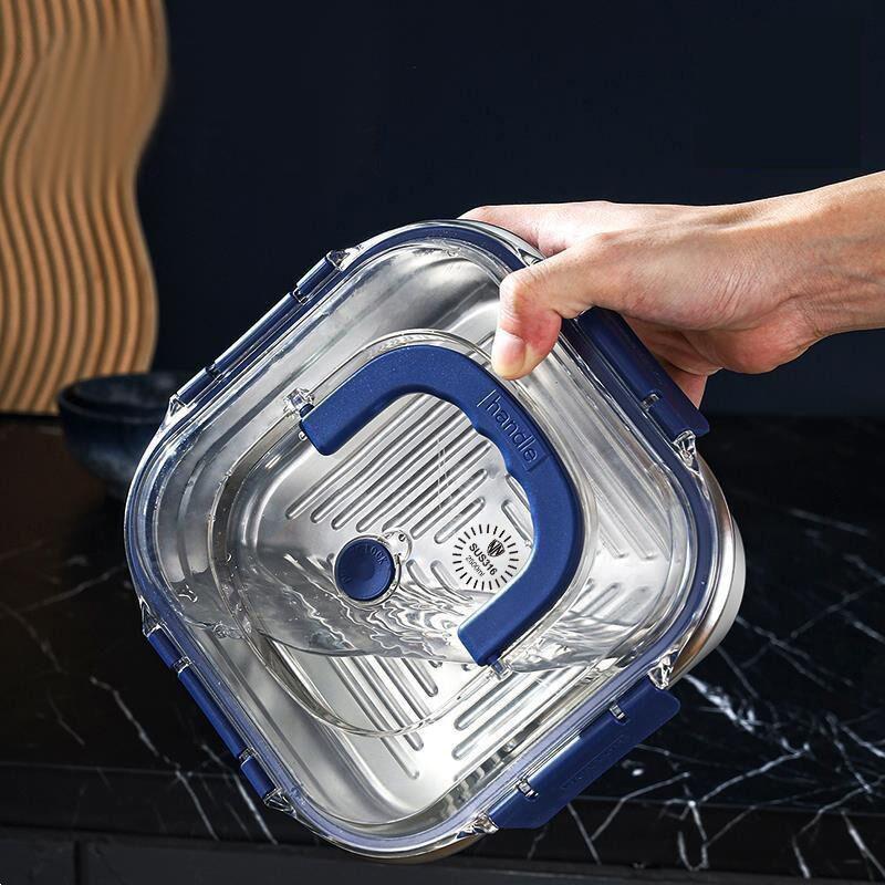 Large Capacity Stainless Steel Crisper With Handle Airtight Lid Leak-Proof Lunch Box Rectangular Fresh-Keeping Box Refrigerator