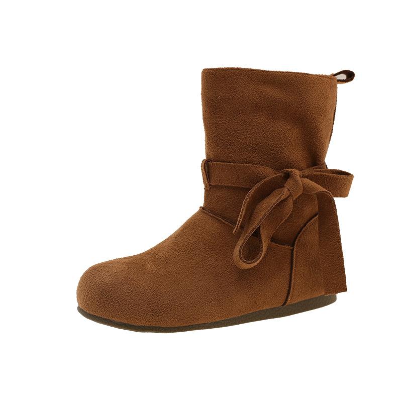 Internet celebrities with the same French lace-up round head soft bottom short tube women's 2025 autumn and winter new flat bottom inner height-increa
