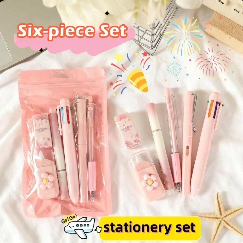 6Pcs/Set Cartoon Student Tools Gift Kit 6 Color Pens Cartoon Stationery Set Kids Stationery
