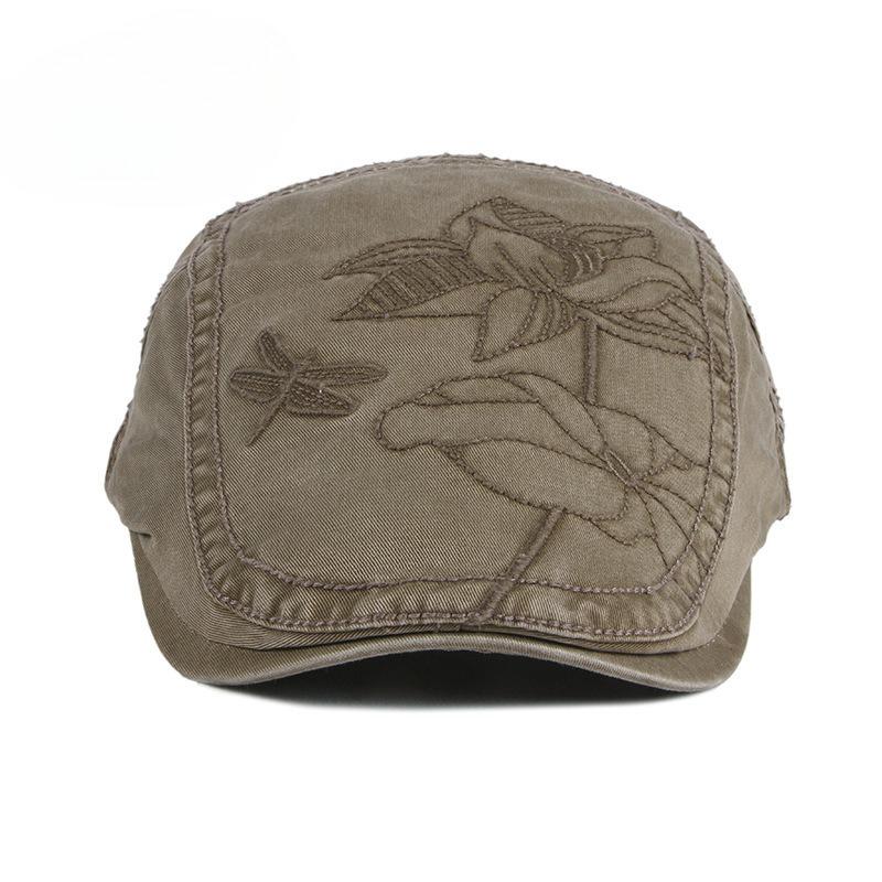 Chinese Style Floral Embroidery Beret for Men Women Washed Cotton Retro Flat Cap British Vintage Newsboy Hat Sun Protection Outdoor Cabbie Cap
