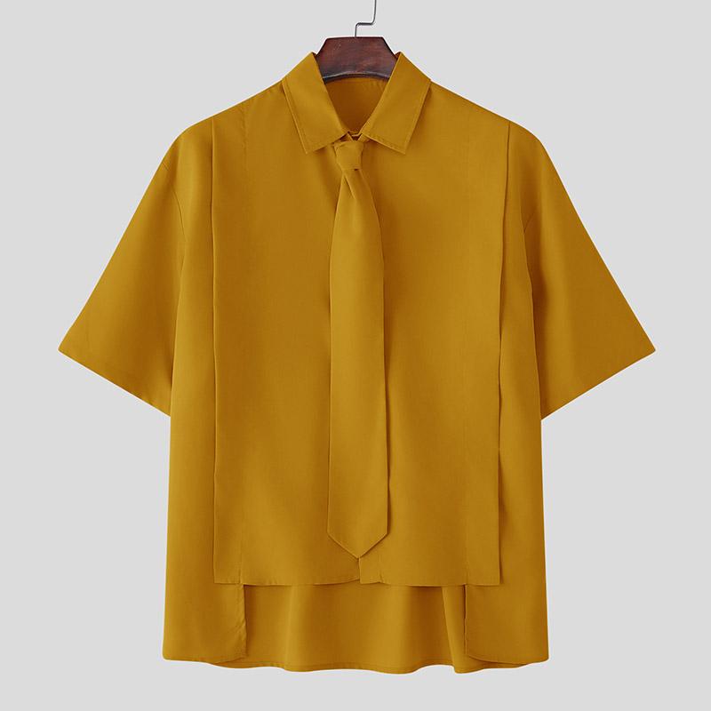

INCERUN Men Tie Lapel Neck Short Sleeve Buttons Irregular Casual Oversized Shirts S жёлтый