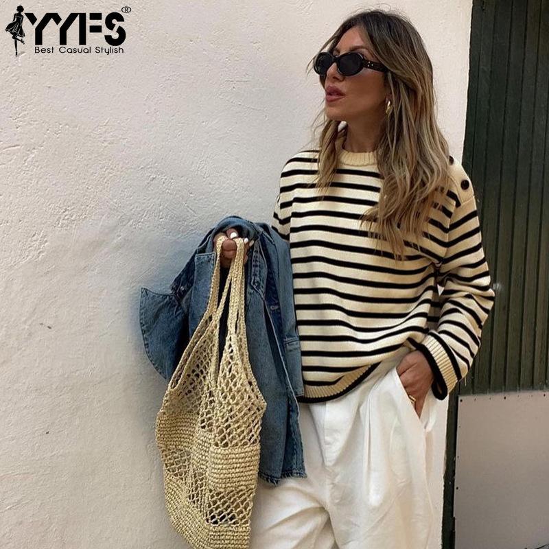 YYFS Dámské módní ležérní svetry s dlouhým rukávem a proužkovaným potiskem s kulatým výstřihem na podzim a zimu