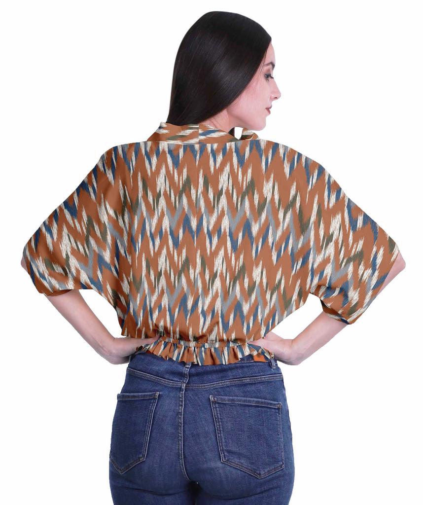 Moomaya Printed Boxy Sleeve Tops For Women V-Neck Elastic WaistA  Kimono Top