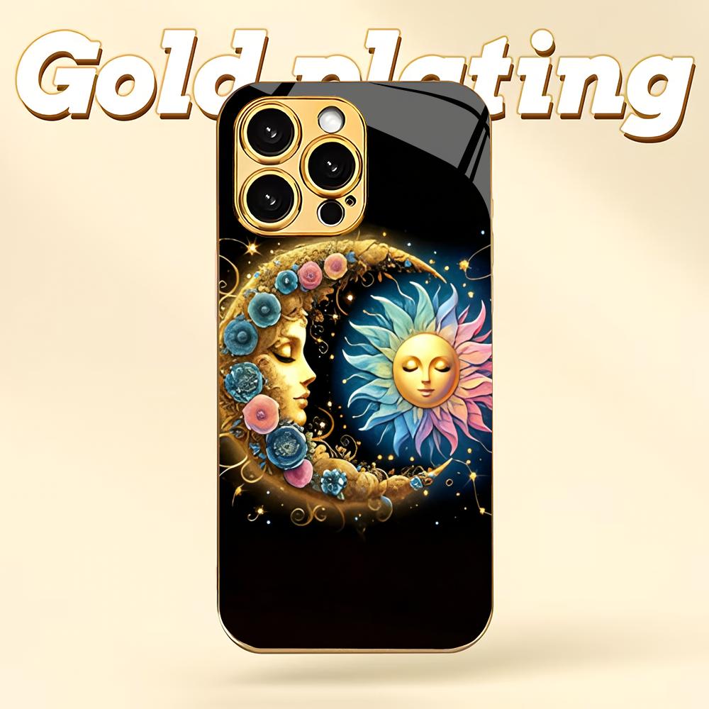 Moon Sun Pattern Metallic Paint Glass Phone Case Suitable for iPhone 17 16 15 14 13 12 11 Pro Max Plus Anti Shock Back Cover