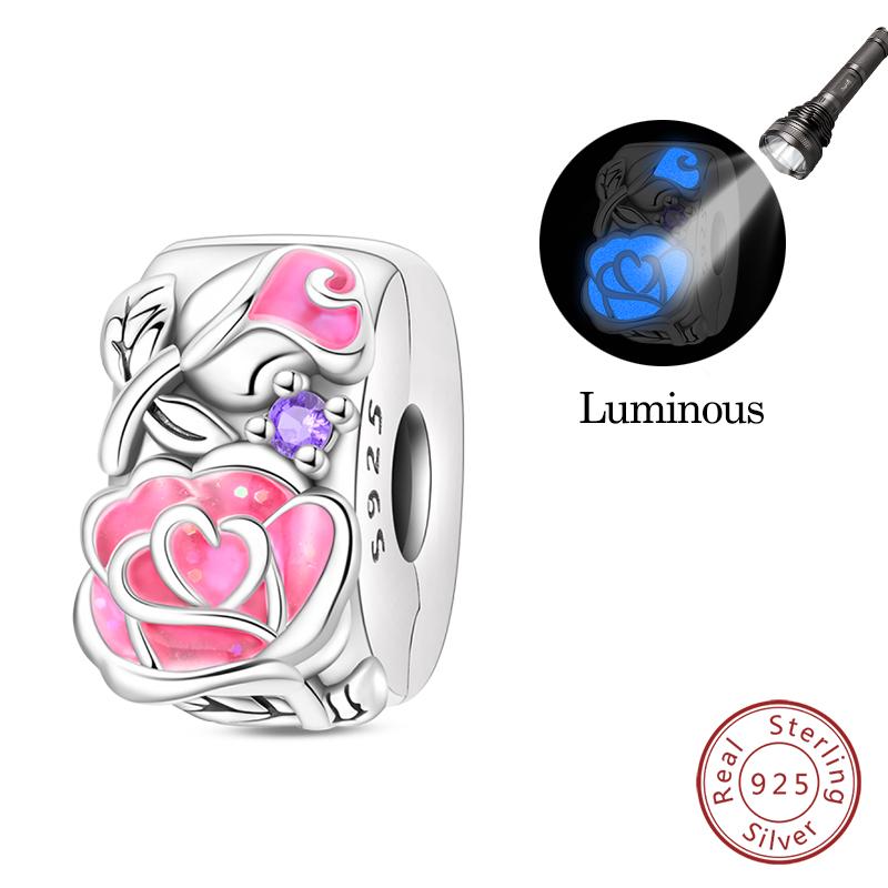 Copper Pink Love Series Charm Love Cube Little Bear Luminous Pendant Fit Original Bracelet Romantic Wedding Jewelry