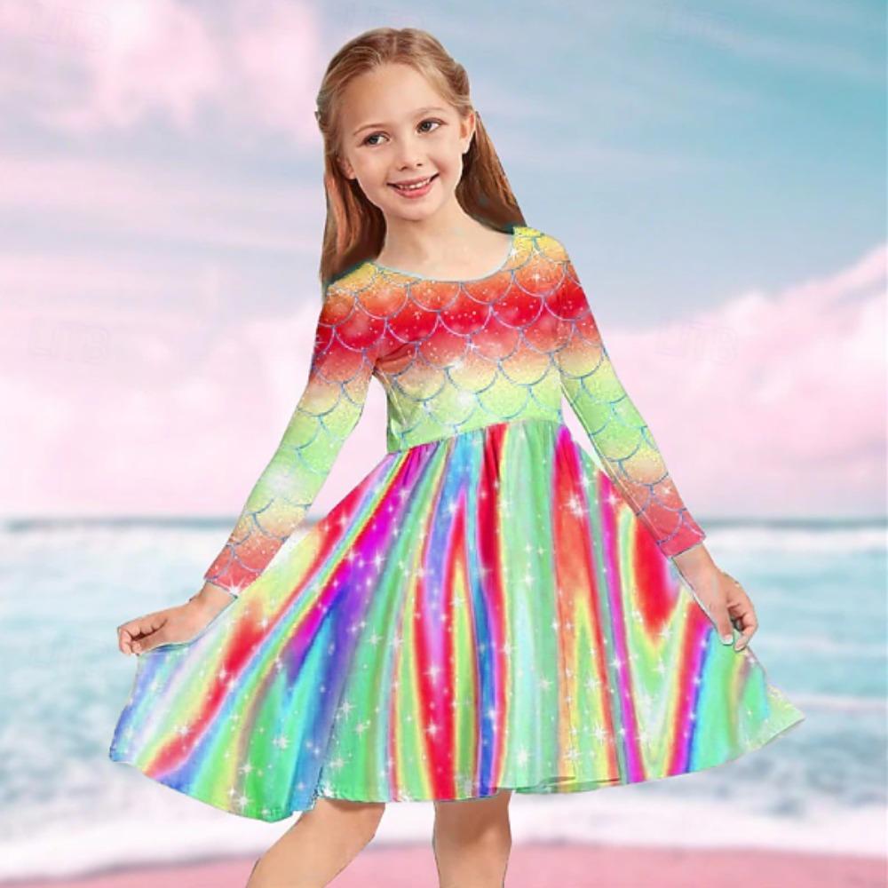 Girl Casual 3D Mermaid Pattern Print Round Neck Long Sleeve Dress Kid Princess Dress 80