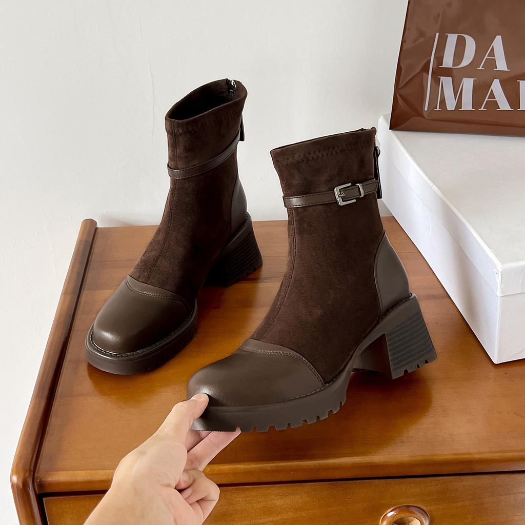 Customized short boots High heel platform short boots Women's thick heel women's boots Maillard coffee splicing medium tube thin boots