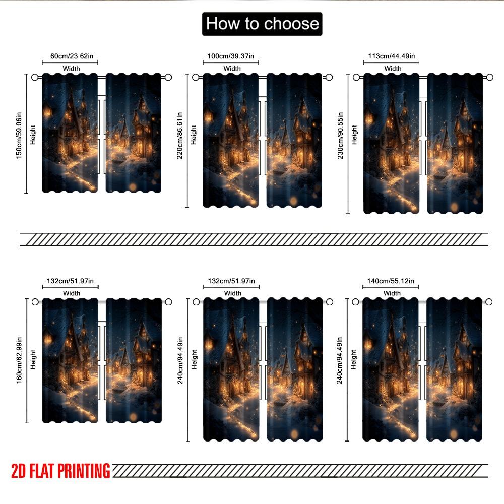 2pcs 2D Flat Printing Christmas Scene Curtains Cozy Winter Village Evening Scene Digital Printed Polyester Drapes Birthday Party