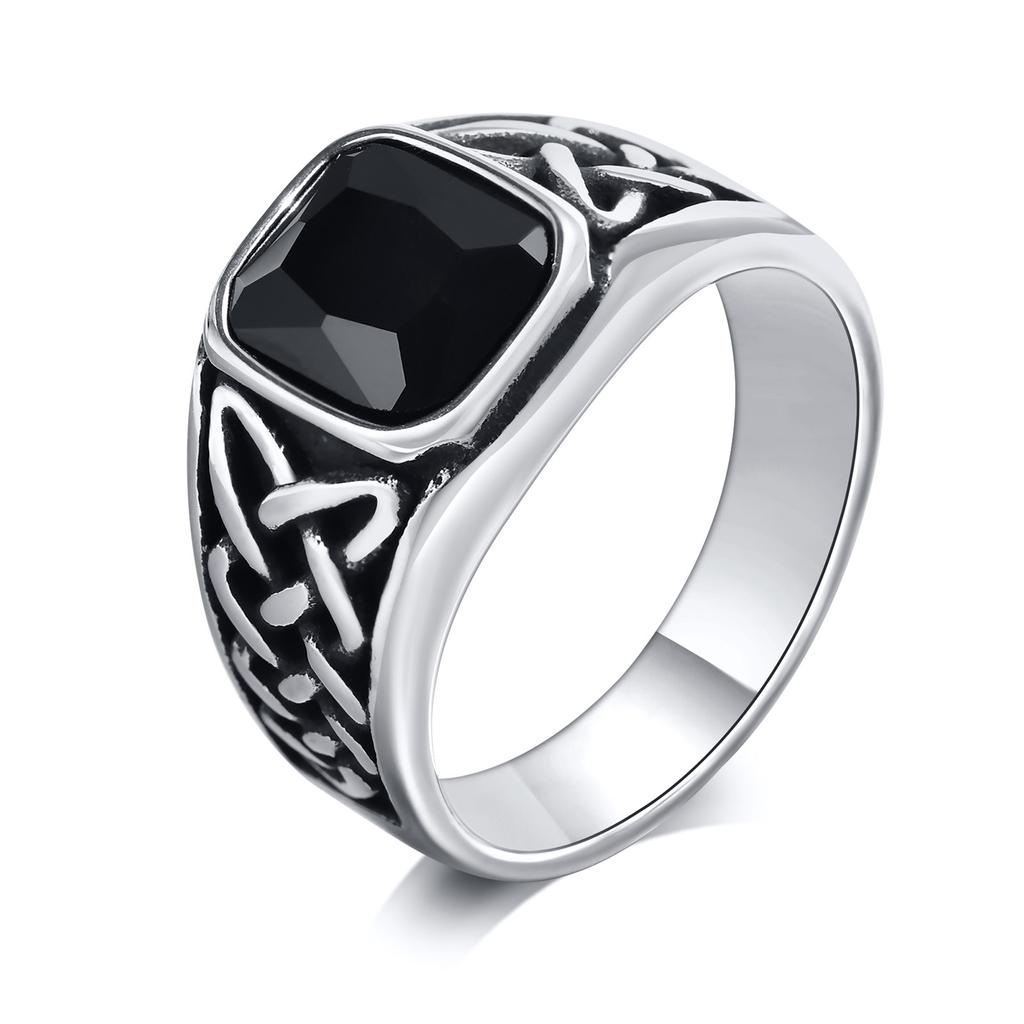 Punk Vintage Ethnic Rings for Men Retro Viking Knot Rune Finger Band, Black Geometric Square Stone Signet Ring Jewelry