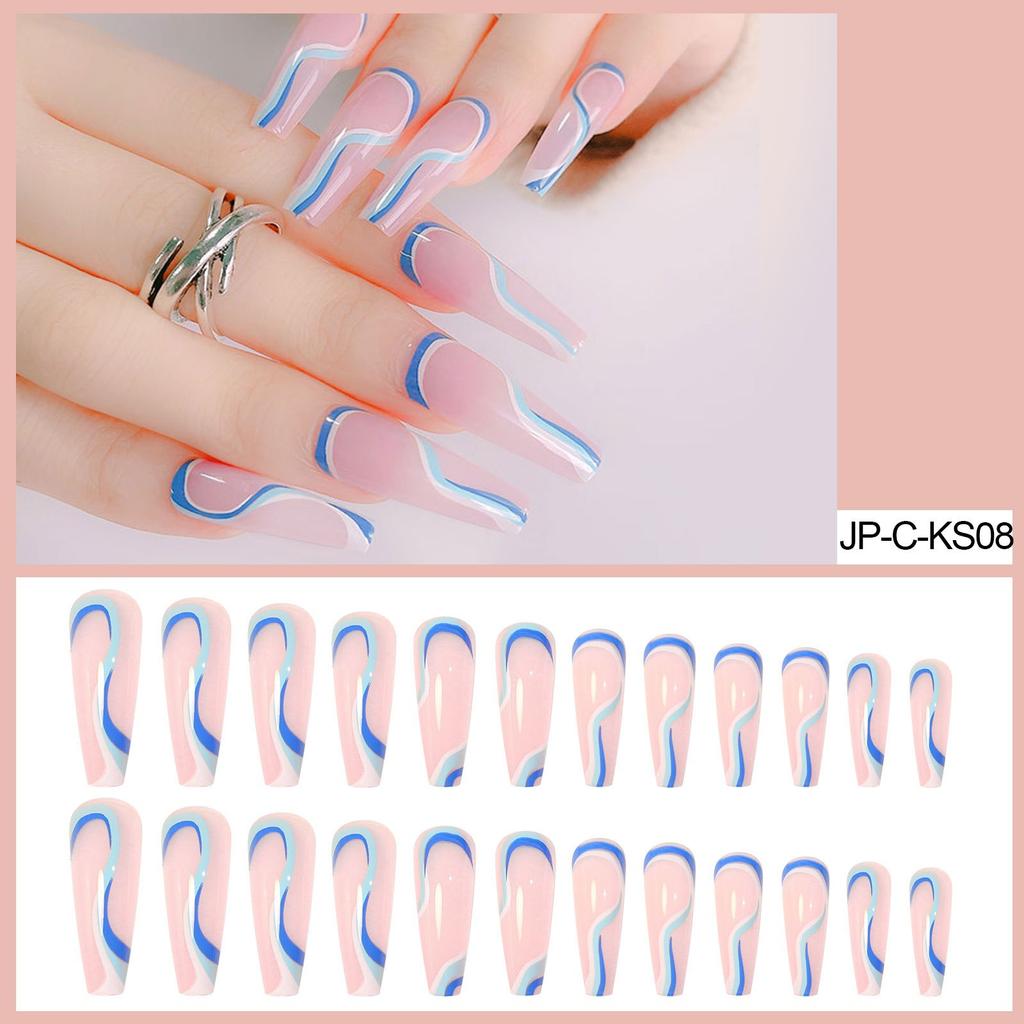 Nail Art European And American Blue Striped Coffin Nail, Long Ballet Nail, Fake Nail Finished 24 Pieces