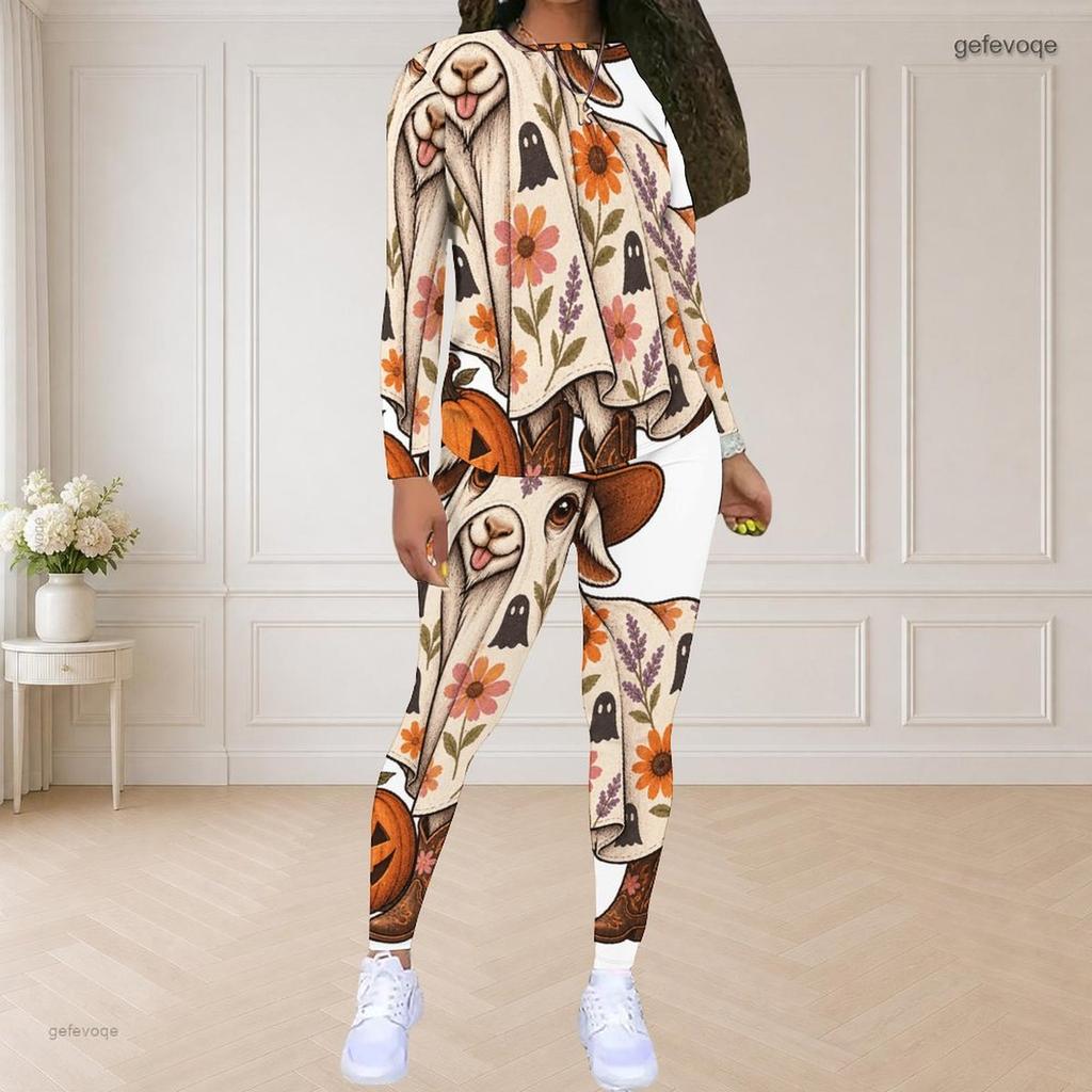 Women Plus Size Halloween Printed Two Piece Outfit Round Neck Long Sleeve Top Fitted Pants Set