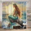 Rideau de douche Sirène aux Cheveux Dorés: Queue Turquoise, Coucher de Soleil Océanique, Polyester, 12 Crochets, Lavable en Machine, Art Fantastique.
