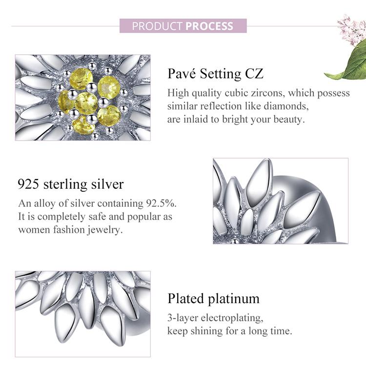 Bamoer 925 Sterling Silver Shine Zircon Bloom Sunflower Charm Beads Fit 3mm Bracelets