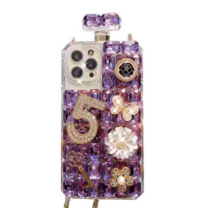 Full Diamond Perfume Bottle Phone Case for IPhone17Promax Crossbody Cord for Apple 16 Flower Key Luxury 14