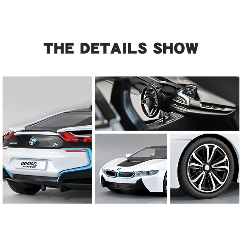 1/24 BMW I8 Supercar Legierungsauto Die-Cast & Spielzeugfahrzeuge Automodell Sound und Licht Pull-Back Auto Spielzeug für Kinder Geschenke