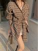 Women's Retro Plaid Long Sleeve Shirt with Tie Waist and Lapel