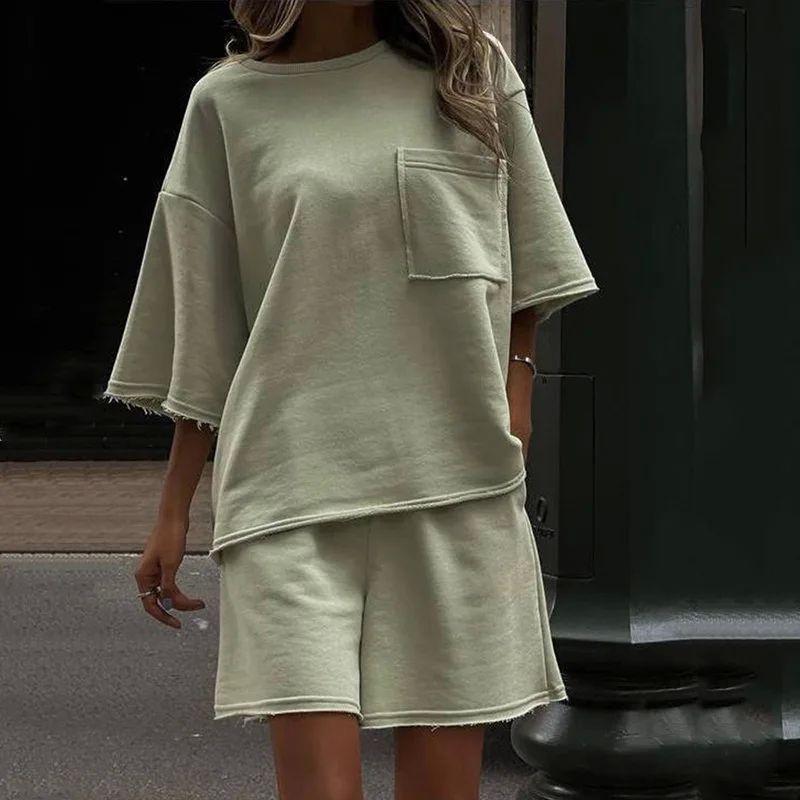 

round Neck Short Sleeve Loose Shorts Suit army green XL