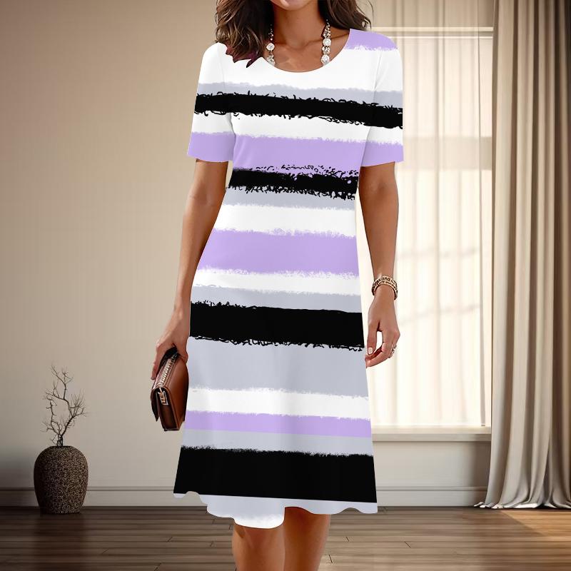 Damenmode Anmutiger Streifendruck Sommer Frühling Kurzarm O-Ausschnitt Freizeitkleider