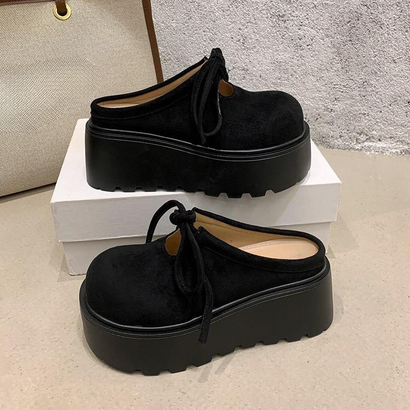 

Fashion Women s 2025 New Autumn Retro Fashion Versatile Platform Heightened Baotou Half Slippers 40 чёрный
