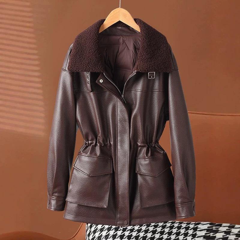 Maillard down jacket, fleece thickened leather jacket, women's one winter medium and long new leather locomotive jacket