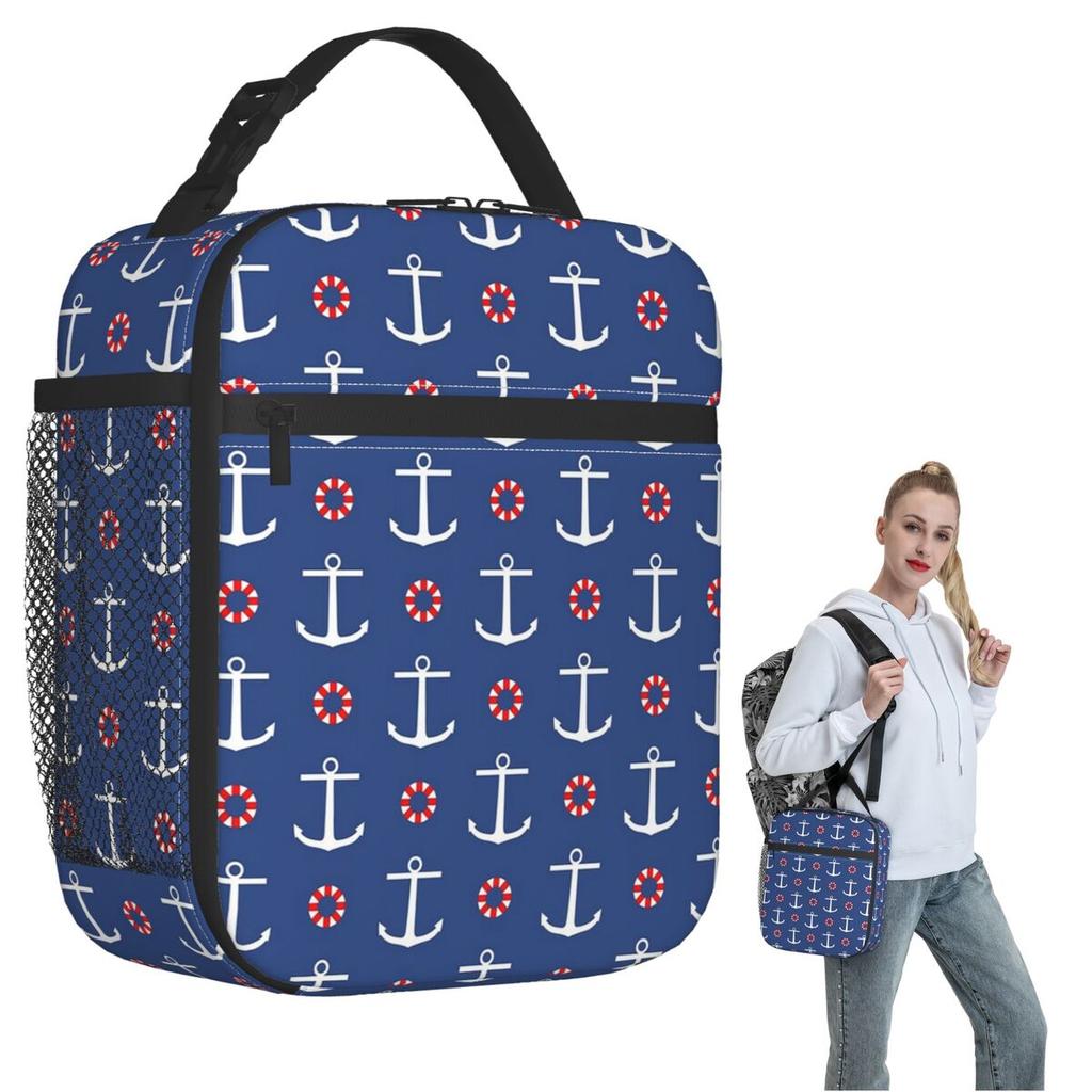 Navy Ship Nautical Anchor And Ship Wheel Ocean Insulated Lunch Bag for Women Kids Leakproof Food Boxes Thermal Lunch Box Tote