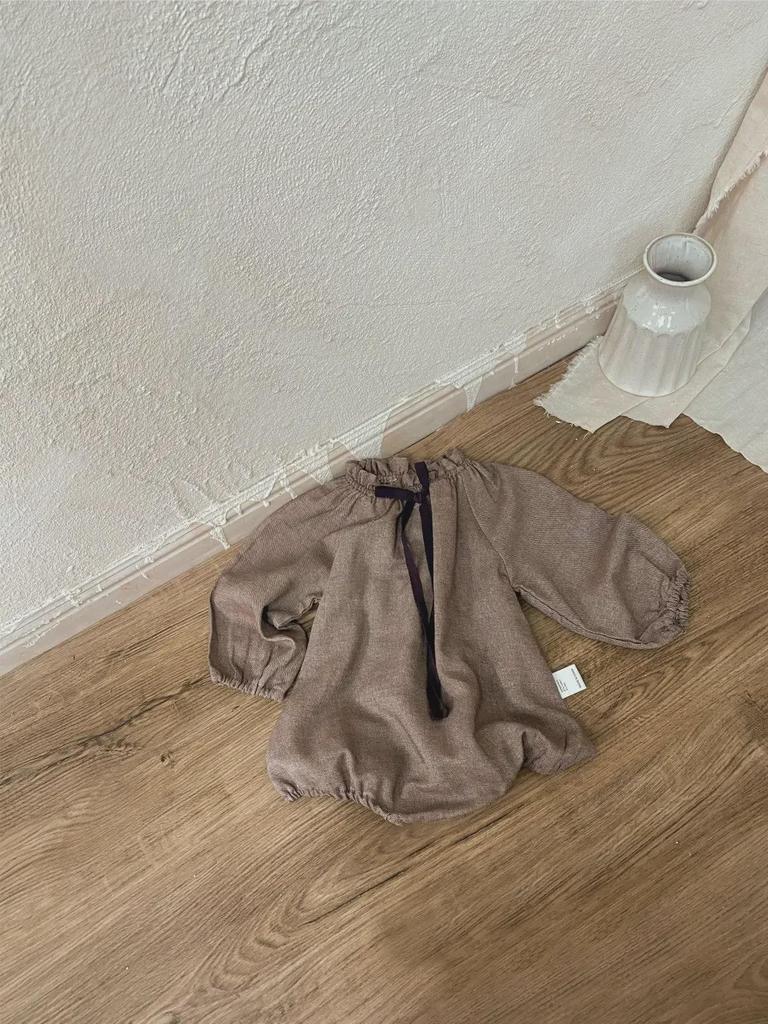 Autumn Floral Collar Bowknot Lantern Sleeve Onesie for Baby Girls