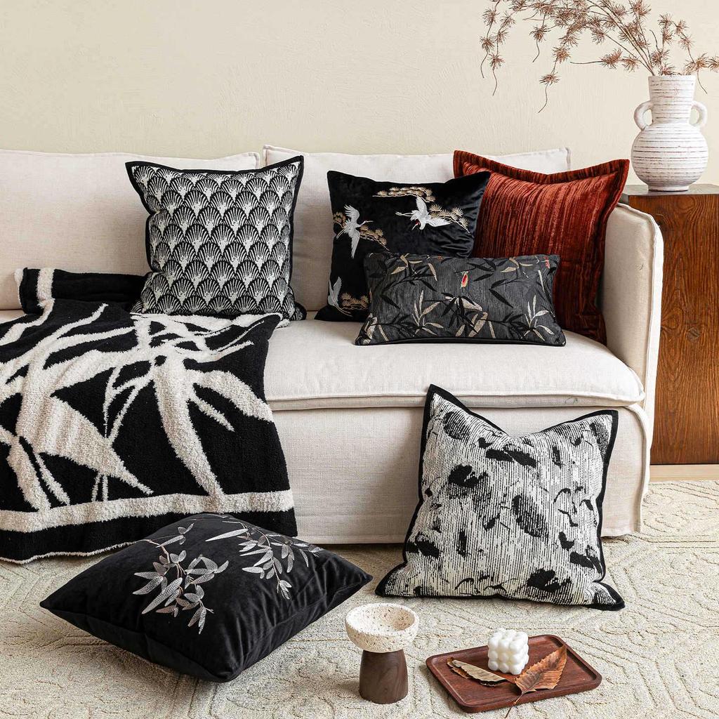 Oriental Pine Crane & Bamboo Embroidered Cushion Set – Chinese Style Sofa Décor