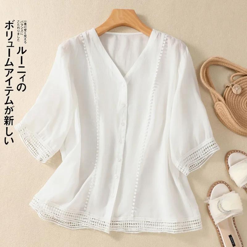 Women's White V-Neck Half-Sleeve Blouse Lace Trim Button Front Loose Casual Chiffon Shirt