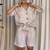 Women's 2 Piece Casual Outfit Short Sleeve Turn Down Collar Button Down Shirt and Shorts Set with Pockets