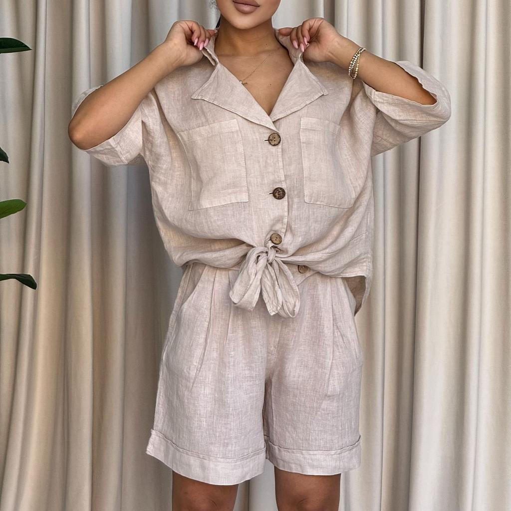 Women's 2 Piece Casual Outfit Short Sleeve Turn Down Collar Button Down Shirt and Shorts Set with Pockets