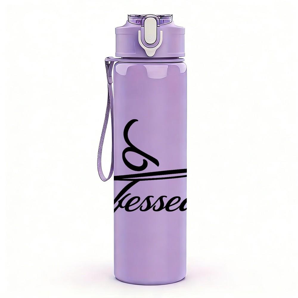 1PC Blessed Cursive Script Art 750ml Color Plastic Sports Water Bottle Leakproof Flip Straw Lid Suitable for Sports Office Home Use