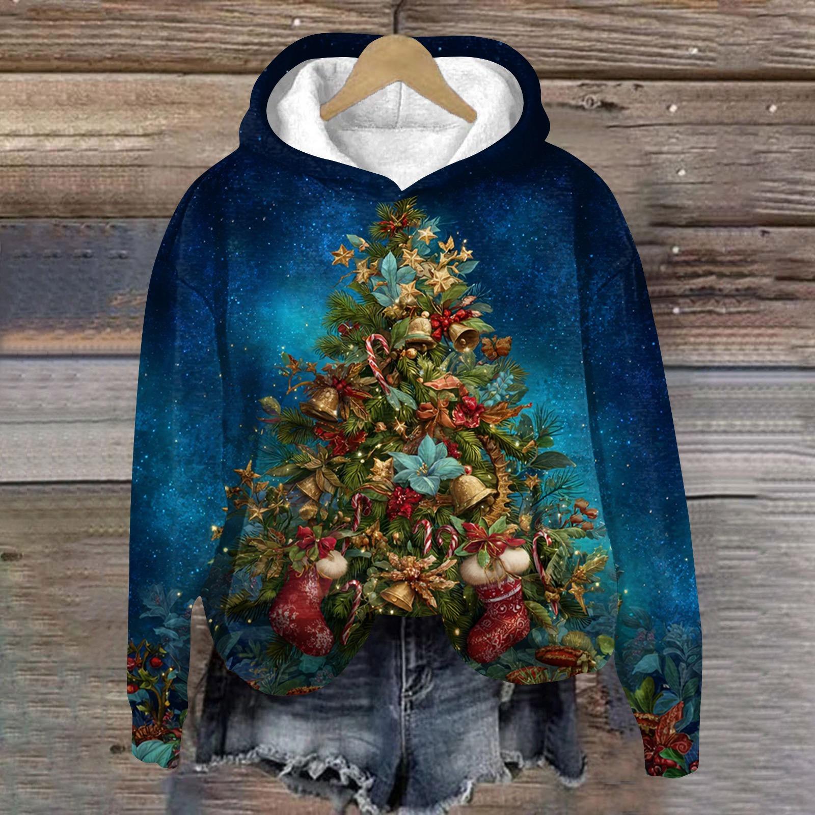 

Women s Fashion Long Sleeve Christmas Print Loose Hooded Sweatshirt Top L синій