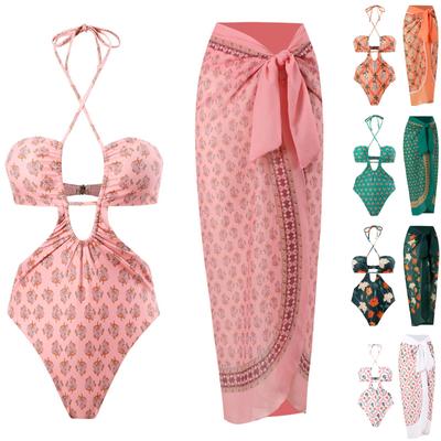 Maiô feminino de 1 peça + 1 peça de cobertura, duas peças, estampa vintage, monokini, biquíni, 2 peças