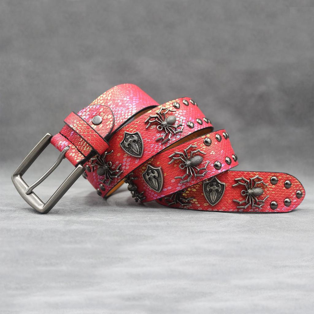 Unisex 7-Color 3D Spider Rivet Leather Belt with Snake Print