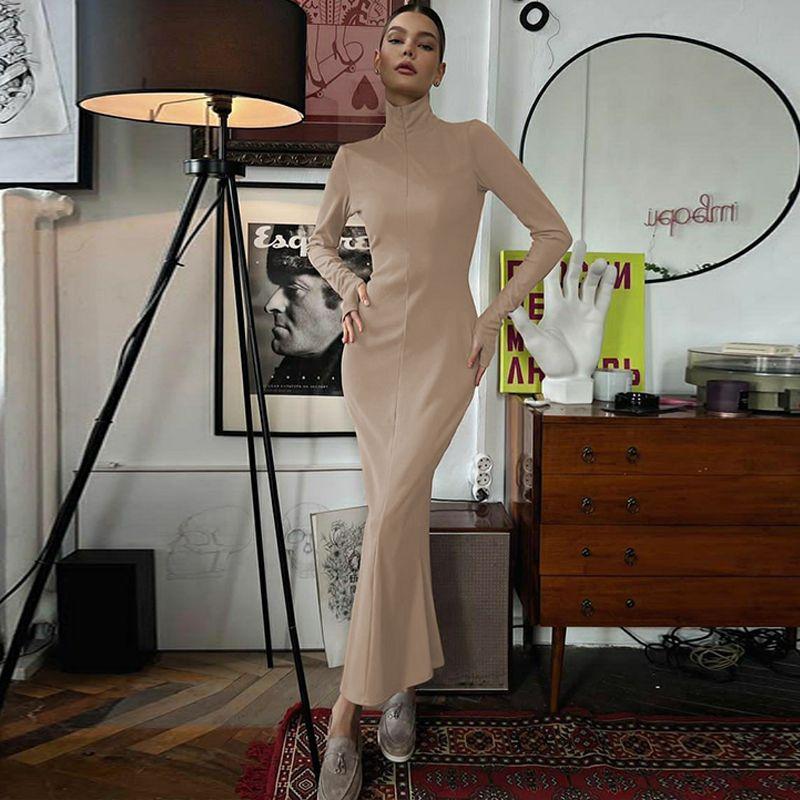 

Invisible Zipper Strap Shoulder Pad Silm Long Sleeves Dress Khaki S