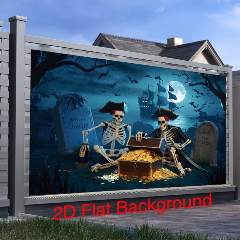Party Backdrop Halloween Pirate Moon Skeleton Treasure Chest Flat Spooky Night Photo Background Decor Outdoor Party Decor