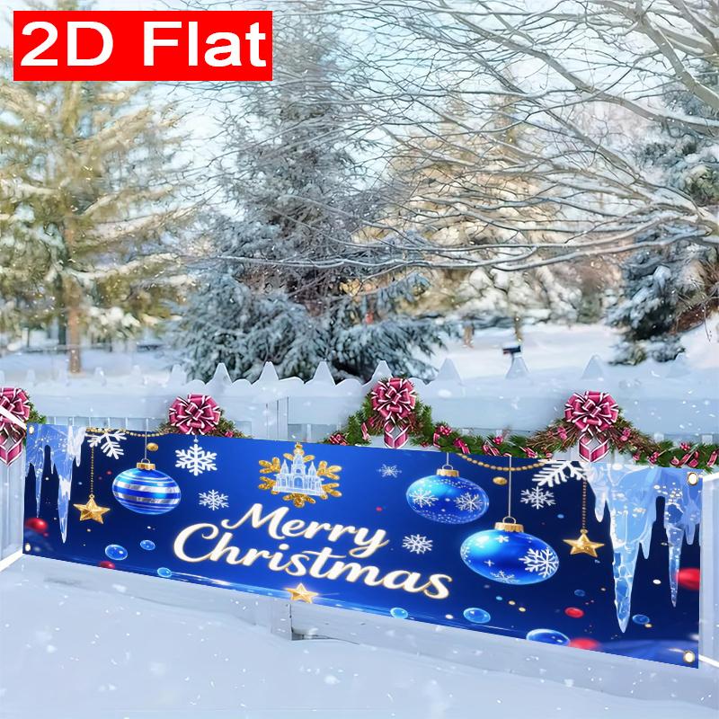 Blue Silvery Christmas Yard Banner, Merry Christmas Xmas Text Design, Polyester Outdoor Porch Fence Wall New Year Party Supplies