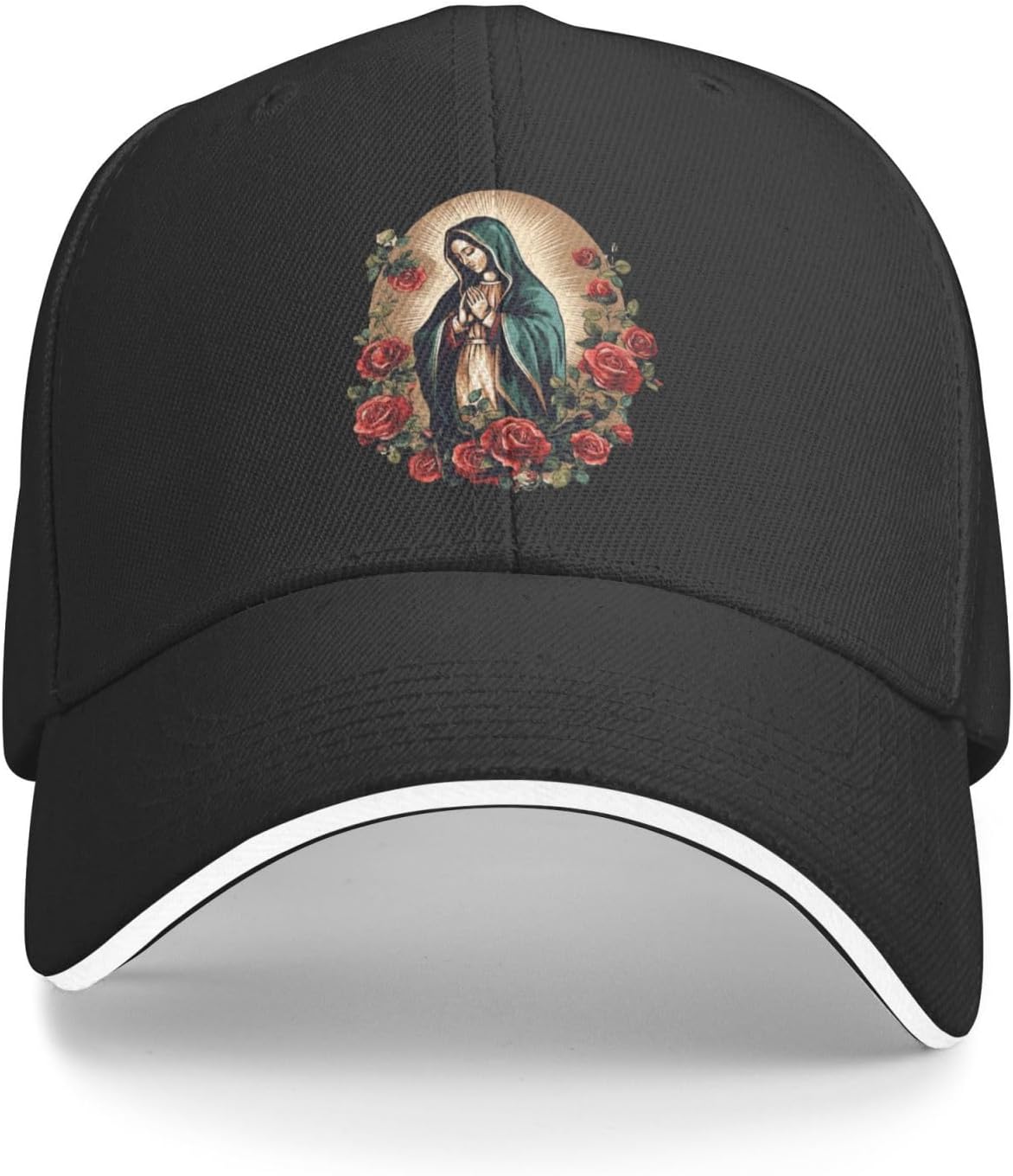 

Virgin Mary Our Lady of Guadalupe Baseball Cap Traditional Religious Print Adjustable Black Hat for Men Women One Size